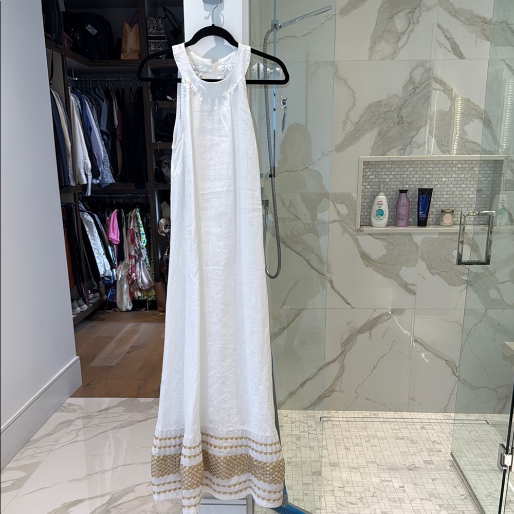 Elegant White Linen Maxi Dress with Gold Accents